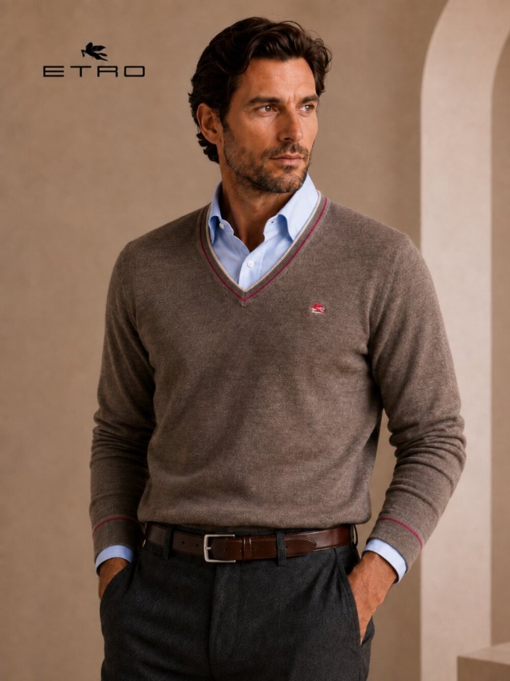 Etro Men's V-Neck Wool Sweater in Brown with Contrast Trim NWT Size XL
